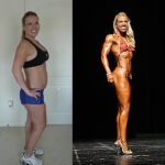 On stage (excessive tanner/oil is part of the game!) compared to post-partum 17 months later.